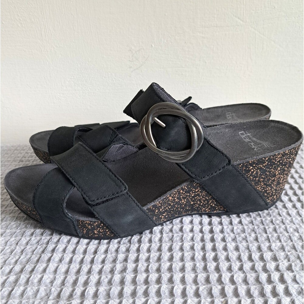 Dansko Black Wedge Sandals with Silver Buckle